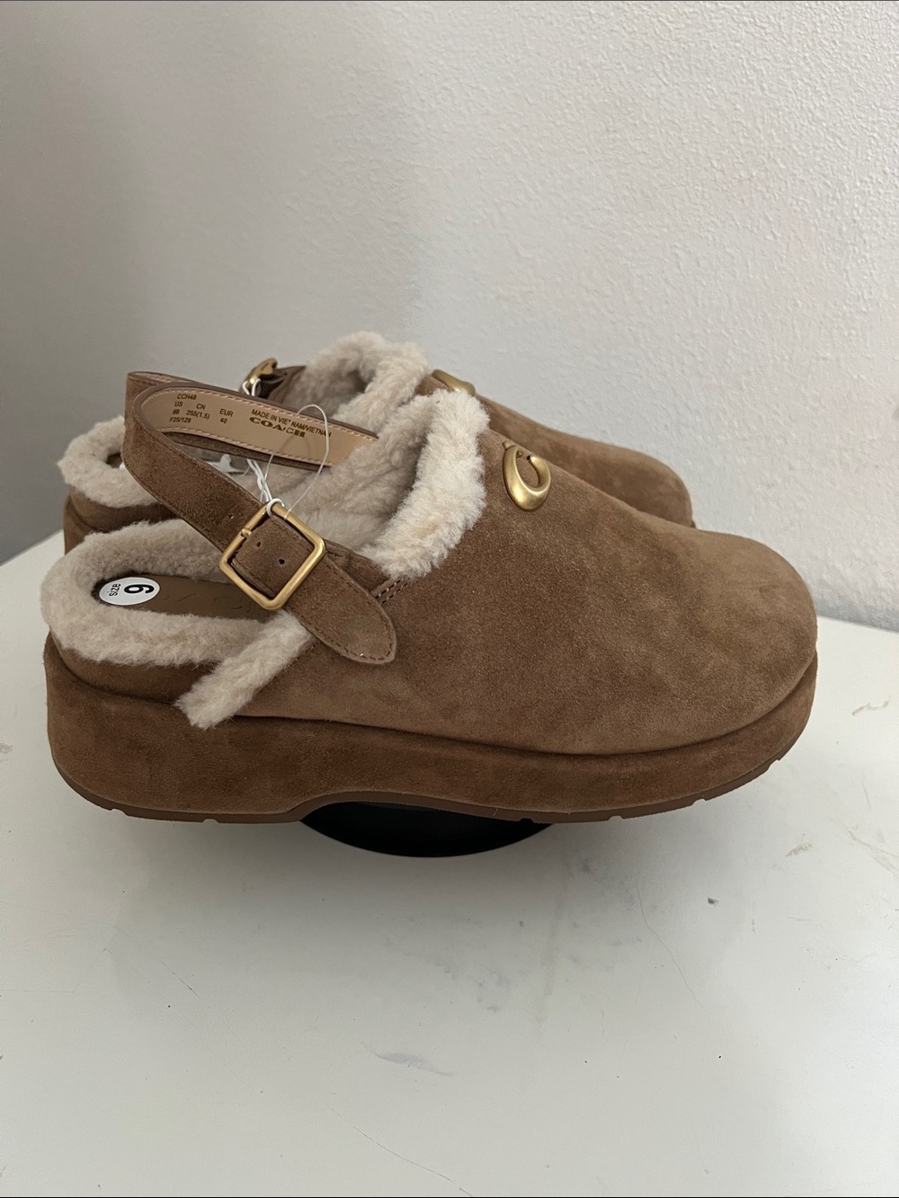 Coach Chestnut Suede Shearling-Trim Clog Mules - Picture 4 of 14